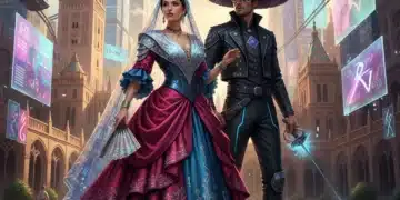 Mujer con mantilla moderna y hombre con traje de corto estilizado, fusión de vestuario tradicional español y futurista.