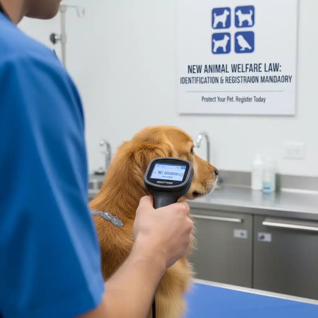 Veterinario escaneando un microchip en el cuello de un perro, enfatizando la importancia de la identificación animal.