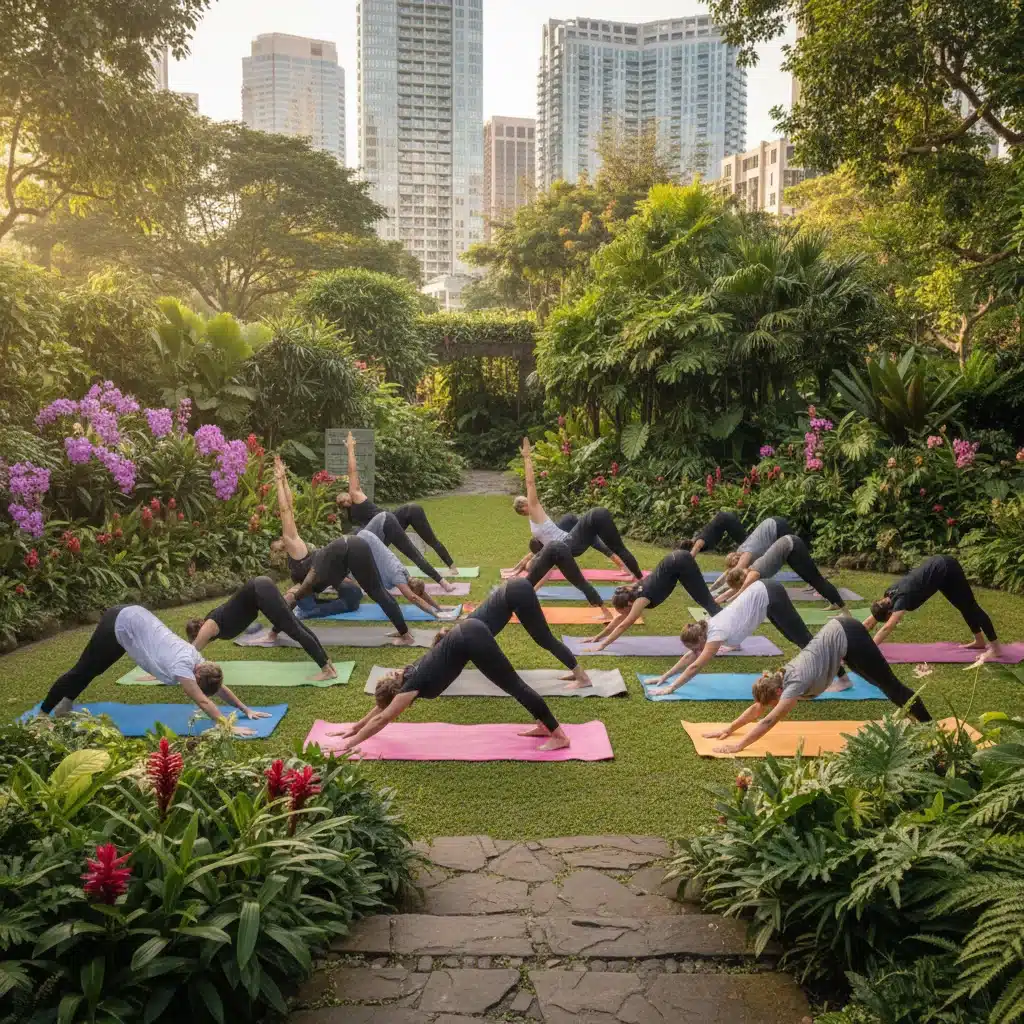 Clase de yoga al aire libre en un jardín botánico urbano.