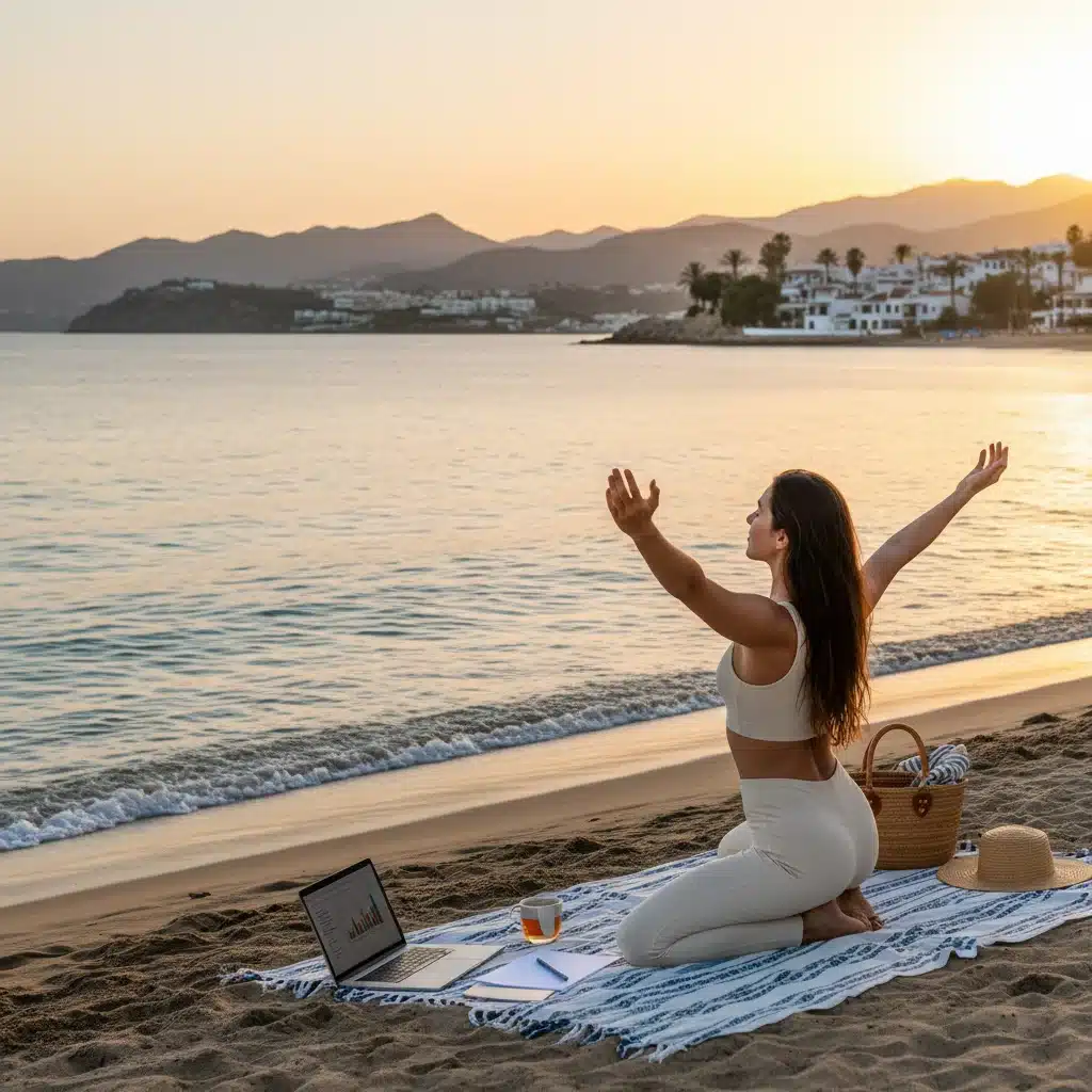 Nómada digital practicando yoga en una playa al atardecer en la costa andaluza.