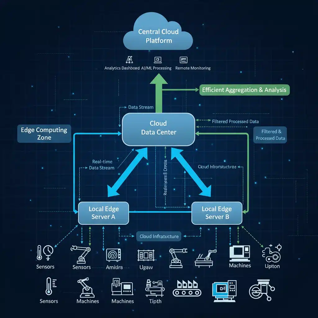 Diagrama de arquitectura de red mostrando el flujo de datos desde sensores a servidores Edge y luego a la nube, optimizando la latencia.