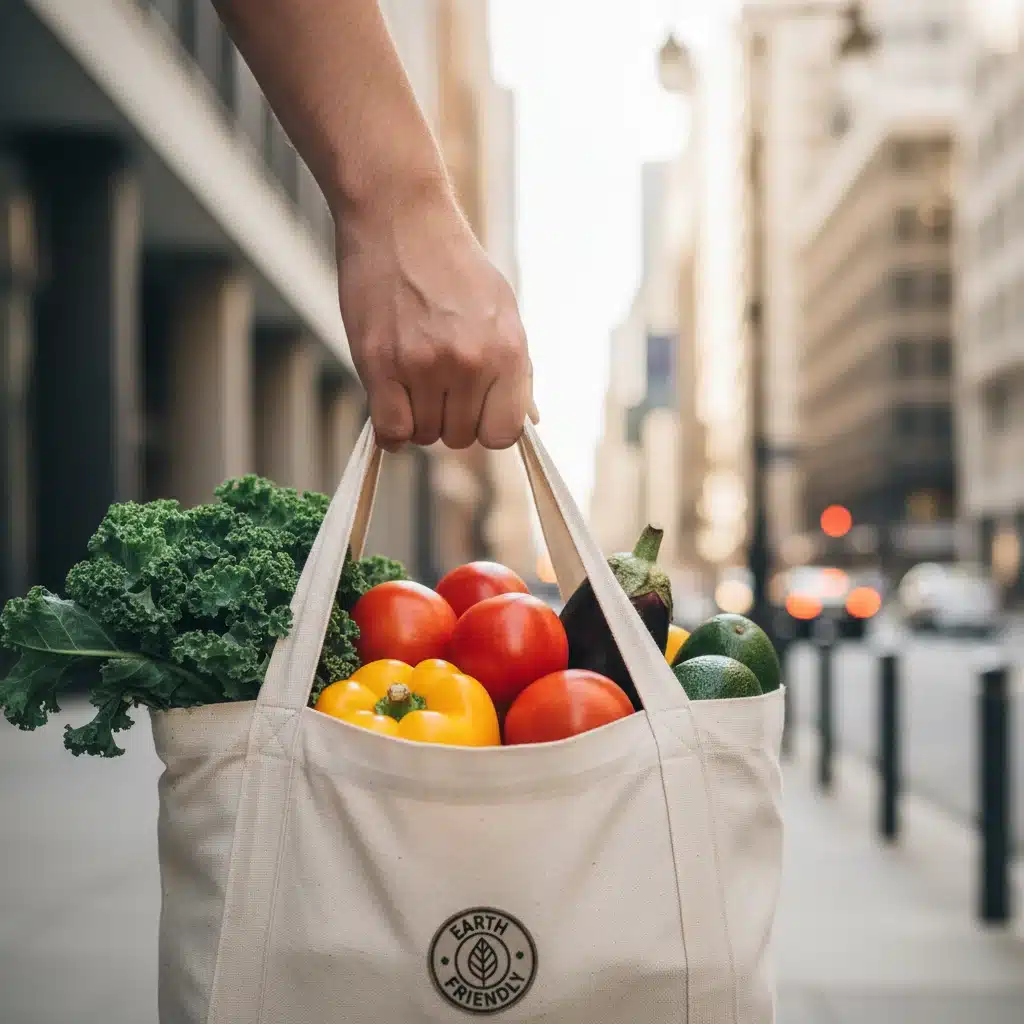 Mano sosteniendo bolsa de tela con productos orgánicos