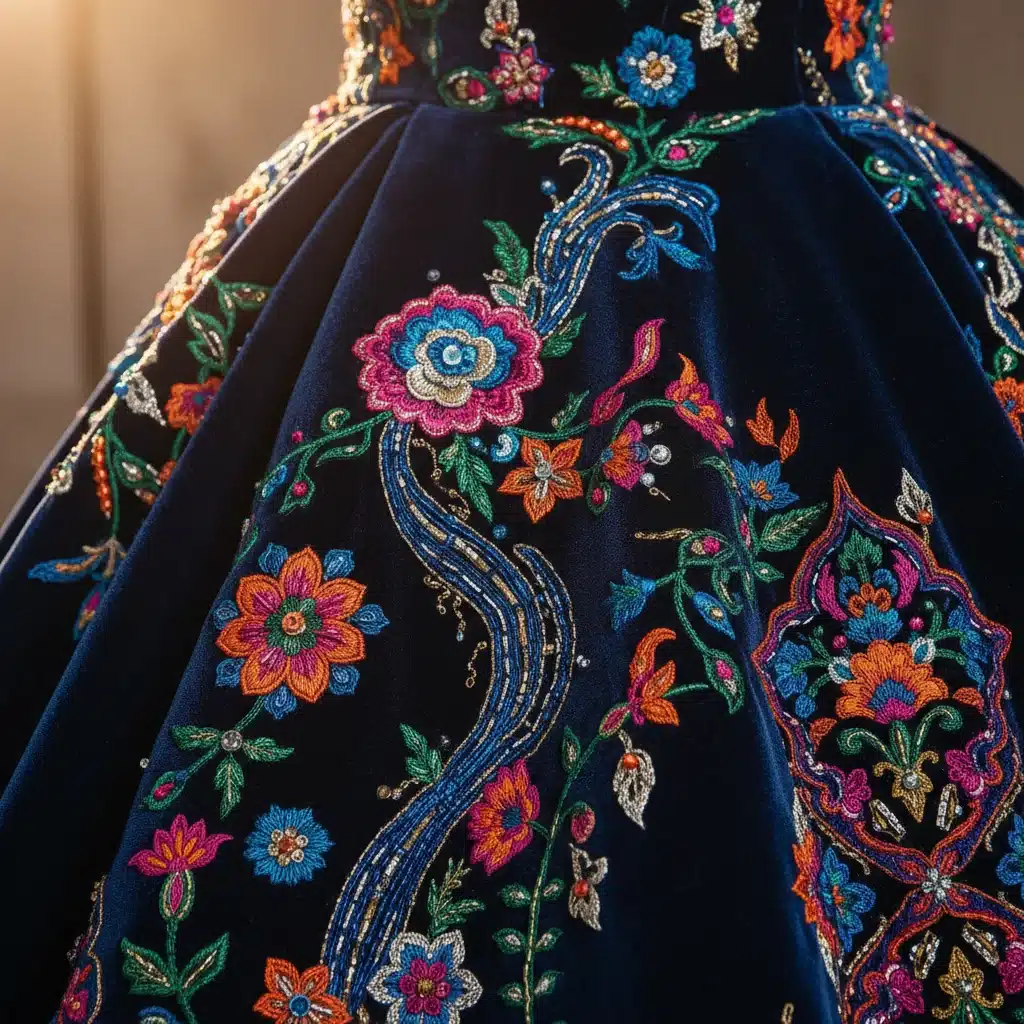 Detalle de bordado artesanal en una prenda de alta costura española, fusionando tradición y modernidad.