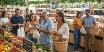 Consumidores españoles comprando productos sostenibles en un mercado ecológico