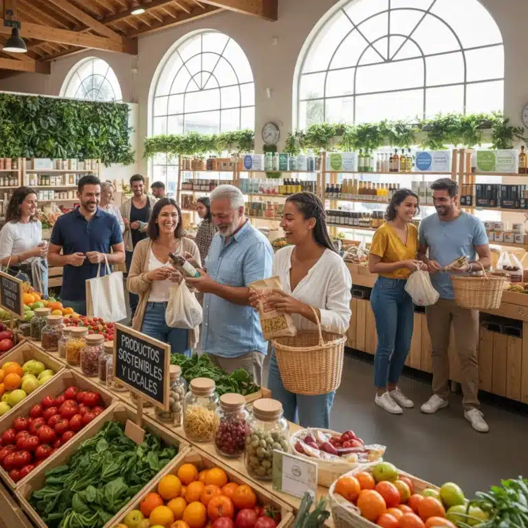 Consumidores españoles comprando productos sostenibles en un mercado ecológico