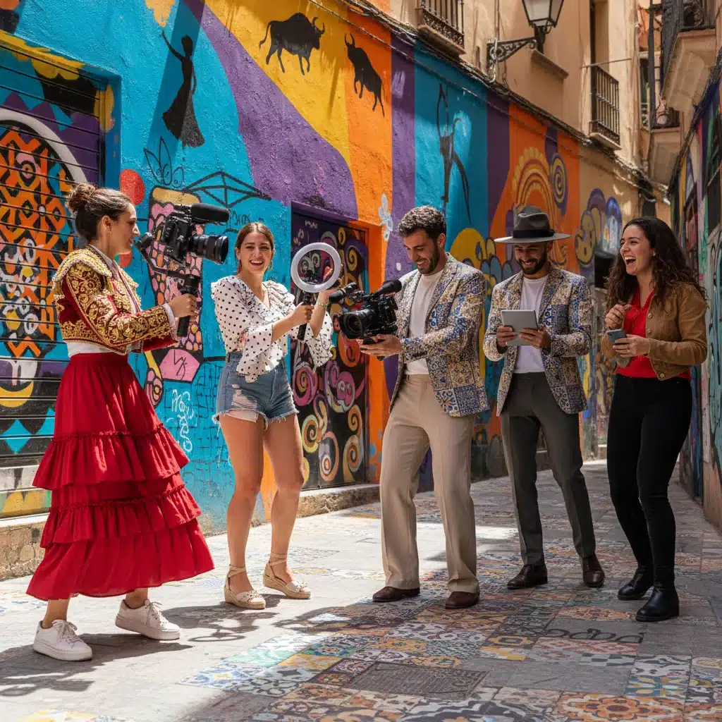 Jóvenes creadores de contenido digital grabando un vídeo, fusionando moda y cultura española.