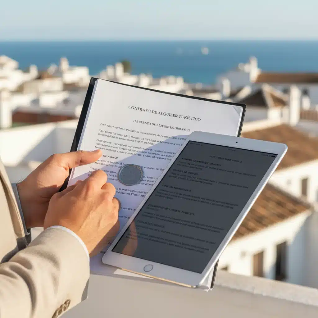 Manos revisando documentos legales sobre normativa de alquiler turístico en España.