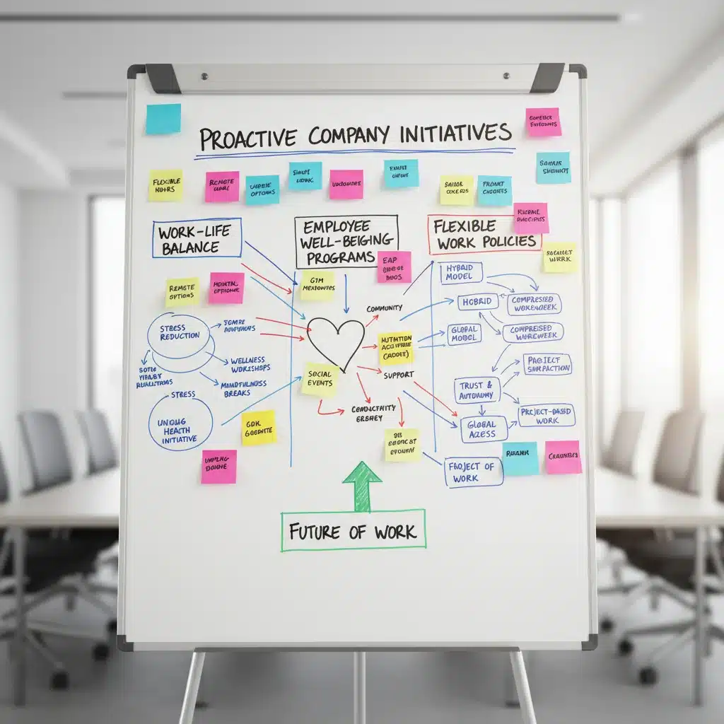 Pizarra con estrategias empresariales para el equilibrio vida-trabajo y bienestar de los empleados.