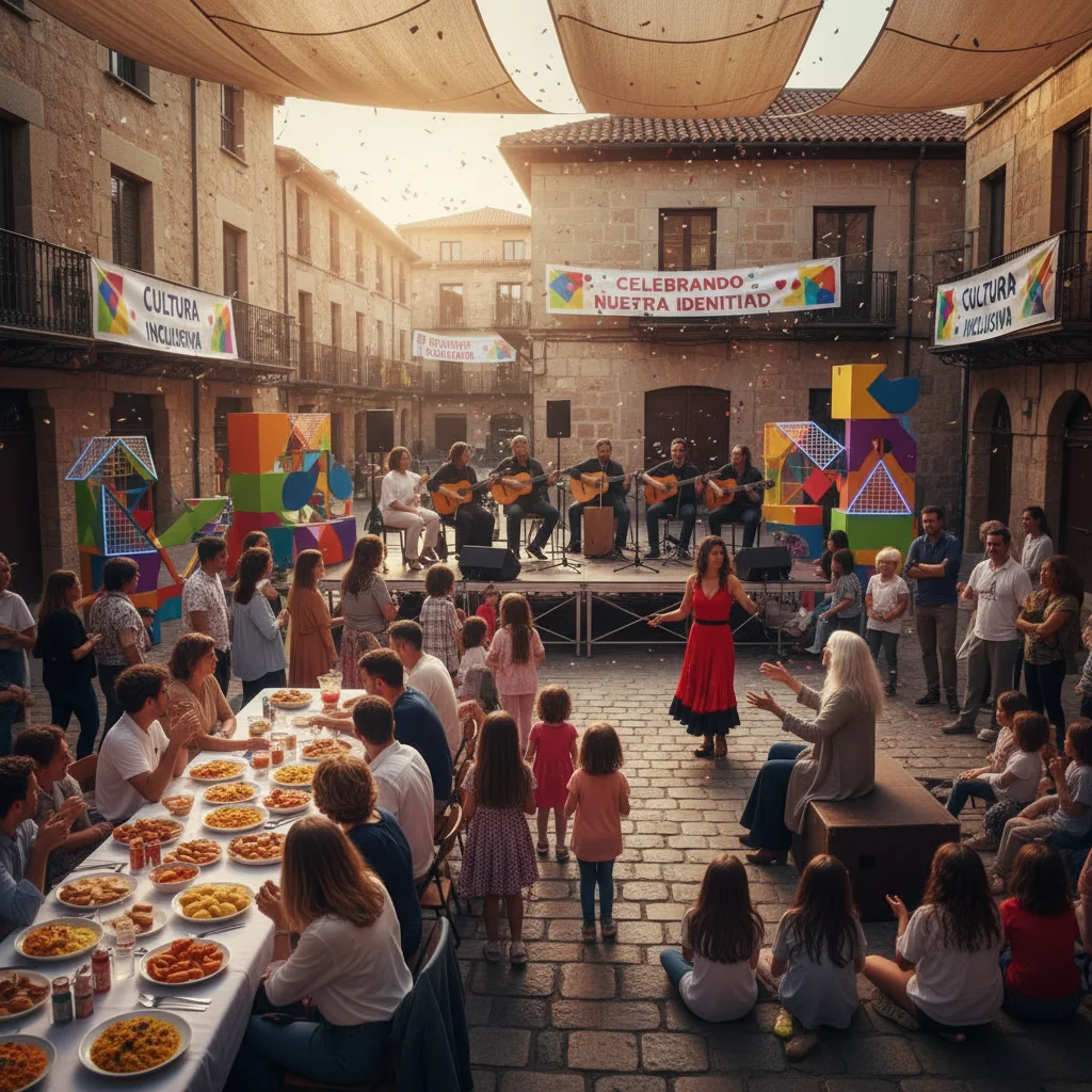 Evento cultural comunitario en una plaza española, celebrando la diversidad y la identidad local.