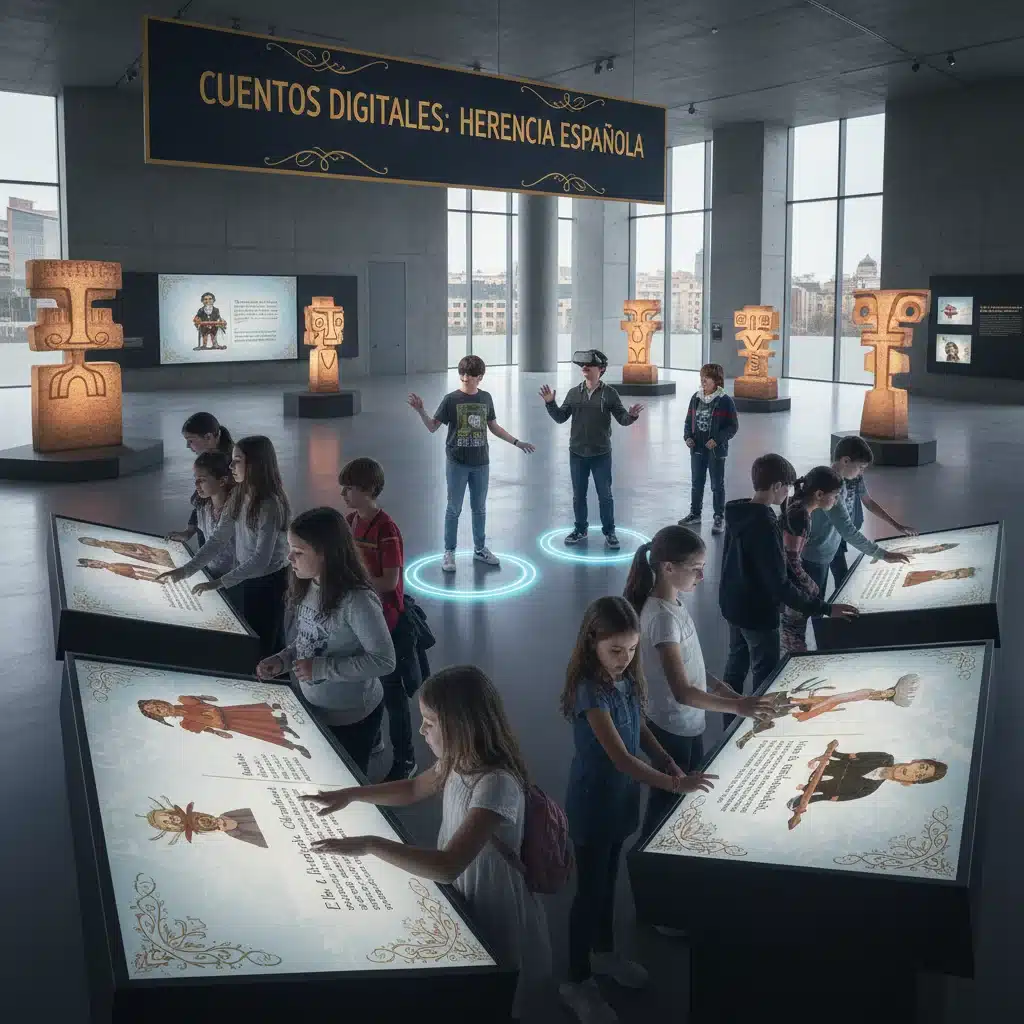 Niños interactuando con una exposición digital sobre cuentos tradicionales españoles.