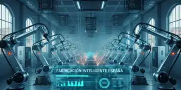 Fábrica inteligente española con robótica avanzada y visualización de datos en tiempo real, ilustrando el Edge Computing en la Industria 4.0.