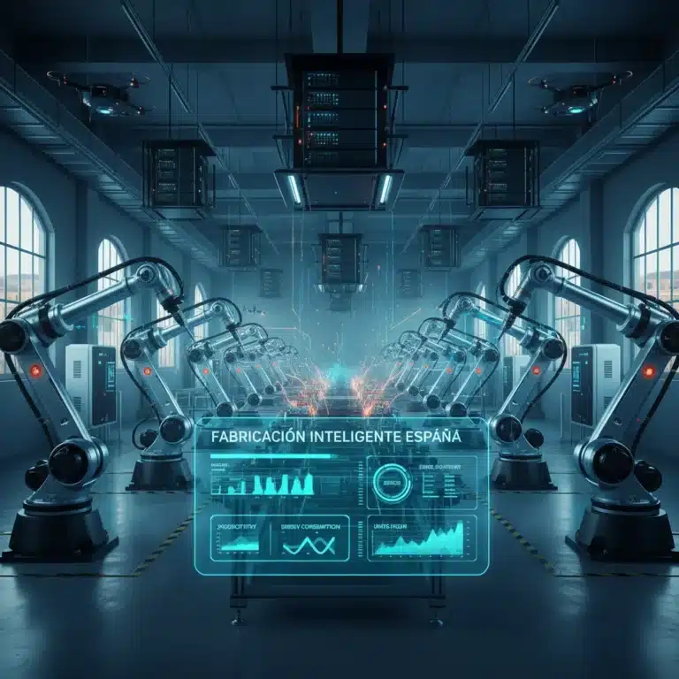 Fábrica inteligente española con robótica avanzada y visualización de datos en tiempo real, ilustrando el Edge Computing en la Industria 4.0.