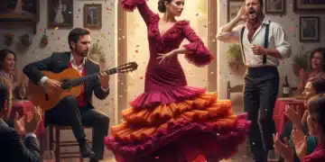 Bailarines y músicos de flamenco en una actuación tradicional española, capturando la esencia de la música tradicional española.