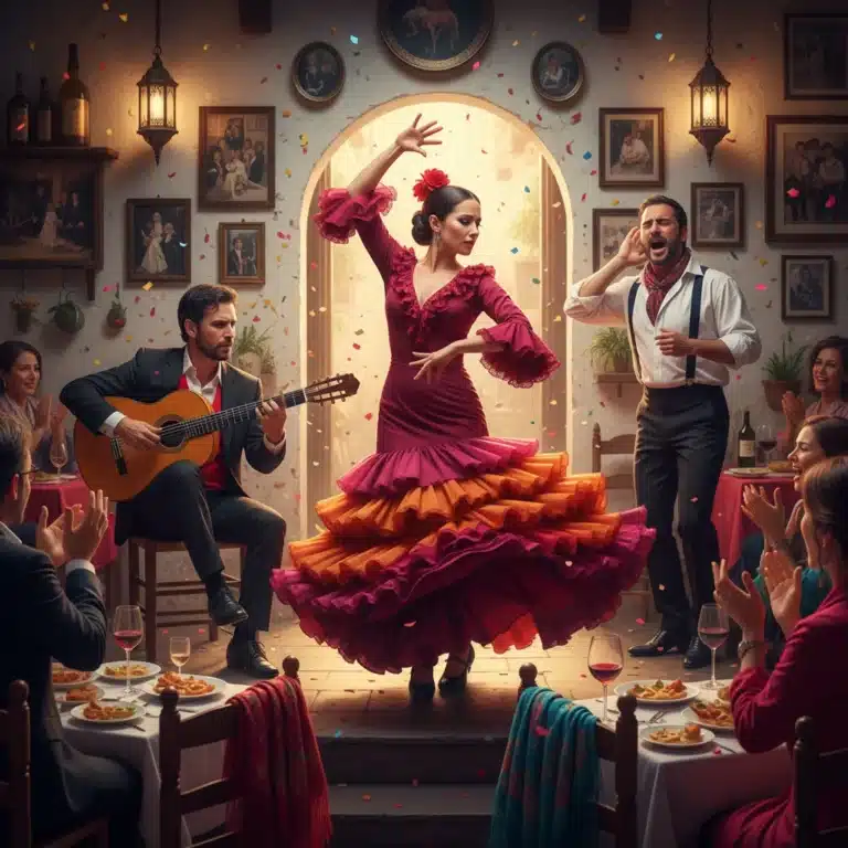 Bailarines y músicos de flamenco en una actuación tradicional española, capturando la esencia de la música tradicional española.