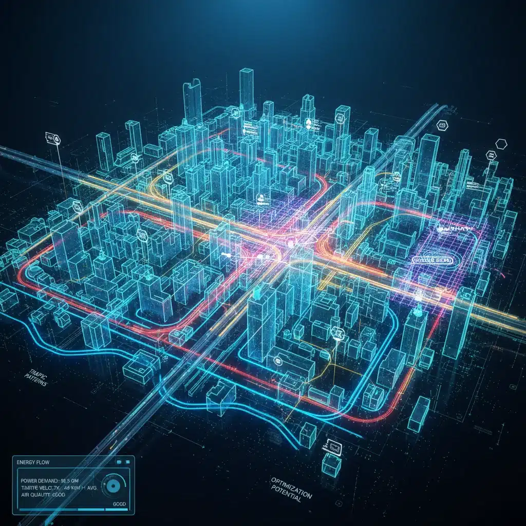 Visualización detallada de un gemelo digital de una red de transporte urbana inteligente, mostrando flujos de datos y optimización.