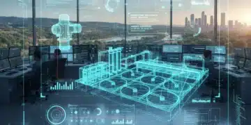 Representación digital de una infraestructura crítica española con datos holográficos en tiempo real, simbolizando la eficiencia de los gemelos digitales.