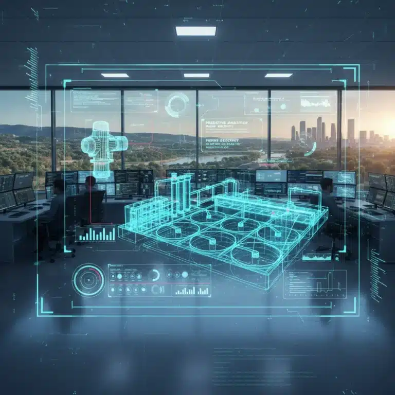 Representación digital de una infraestructura crítica española con datos holográficos en tiempo real, simbolizando la eficiencia de los gemelos digitales.