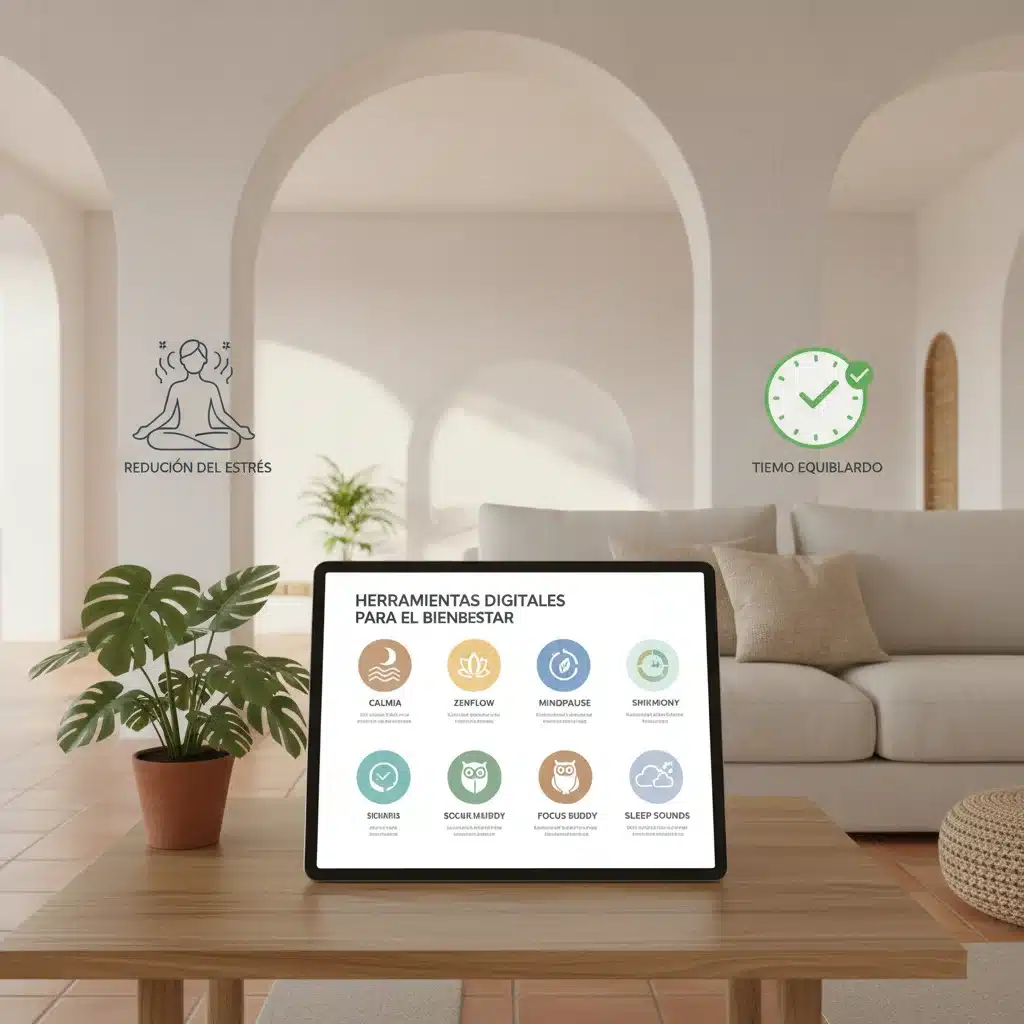 Infografía de herramientas y aplicaciones para el bienestar digital, mostrando soluciones para gestionar el tiempo de pantalla y reducir el estrés tecnológico.