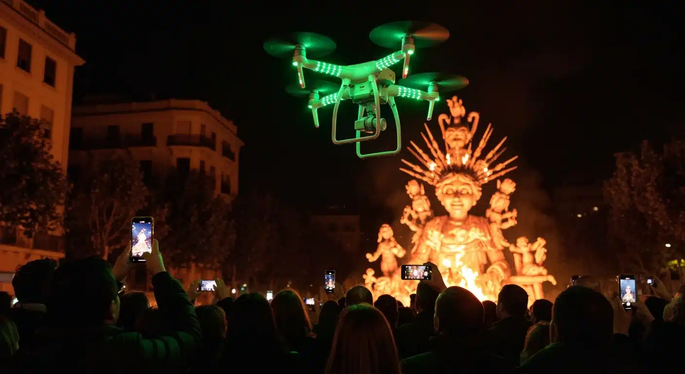 Dron con luces verdes sobre una multitud observando una falla valenciana por la noche, simbolizando la fusión de tradición y tecnología en la cultura española digital.