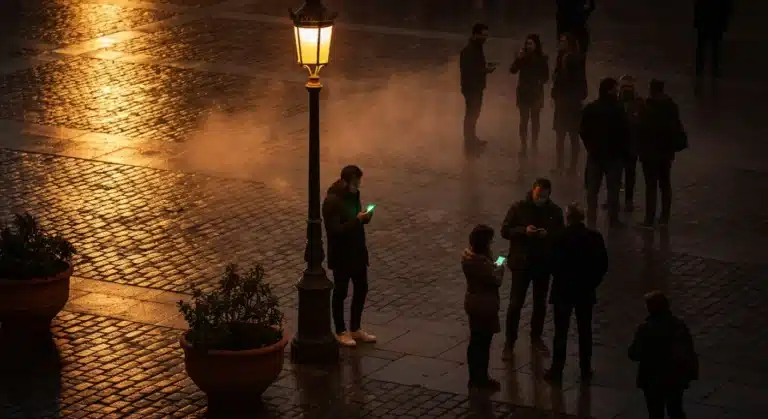Una persona en una plaza española iluminada al atardecer, su smartphone emitiendo un resplandor verde, simbolizando la integración de la tecnología en la cultura.