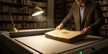 La Fusión Perfecta: Integrando Tradición Española con la Vanguardia Digital Archivista digitalizando periódicos antiguos españoles en una biblioteca, con luz dramática resaltando el legado cultural.