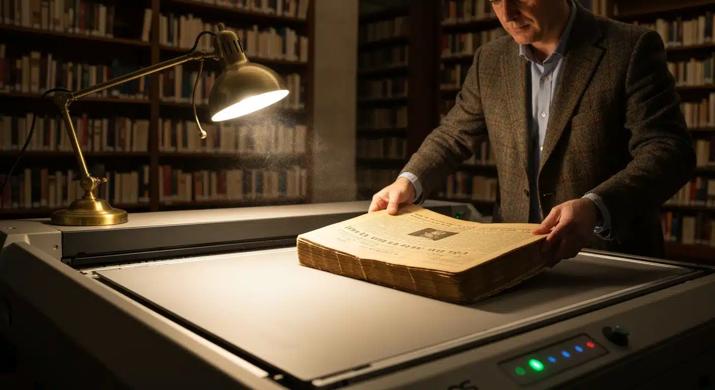 Archivista digitalizando periódicos antiguos españoles en una biblioteca, con luz dramática resaltando el legado cultural.