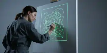 Navegando la Cultura Española: Tu Brújula para la Era Digital y Más Allá Una conservadora de arte traza digitalmente una obra abstracta sobre lienzo, fusionando arte tradicional español con tecnología digital, bajo luz fría y minimalista.