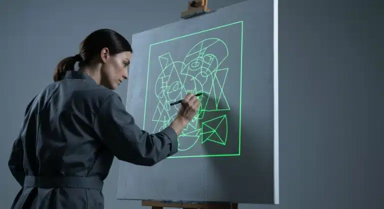 Una conservadora de arte traza digitalmente una obra abstracta sobre lienzo, fusionando arte tradicional español con tecnología digital, bajo luz fría y minimalista.