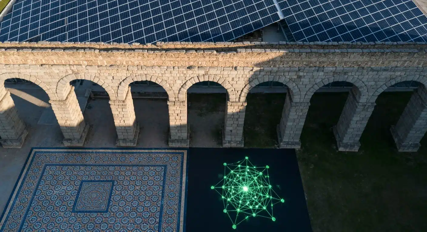 Vista aérea de un acueducto romano antiguo, un mosaico de azulejos moriscos y una proyección digital verde, simbolizando la rica herencia y la innovación en la cultura española.