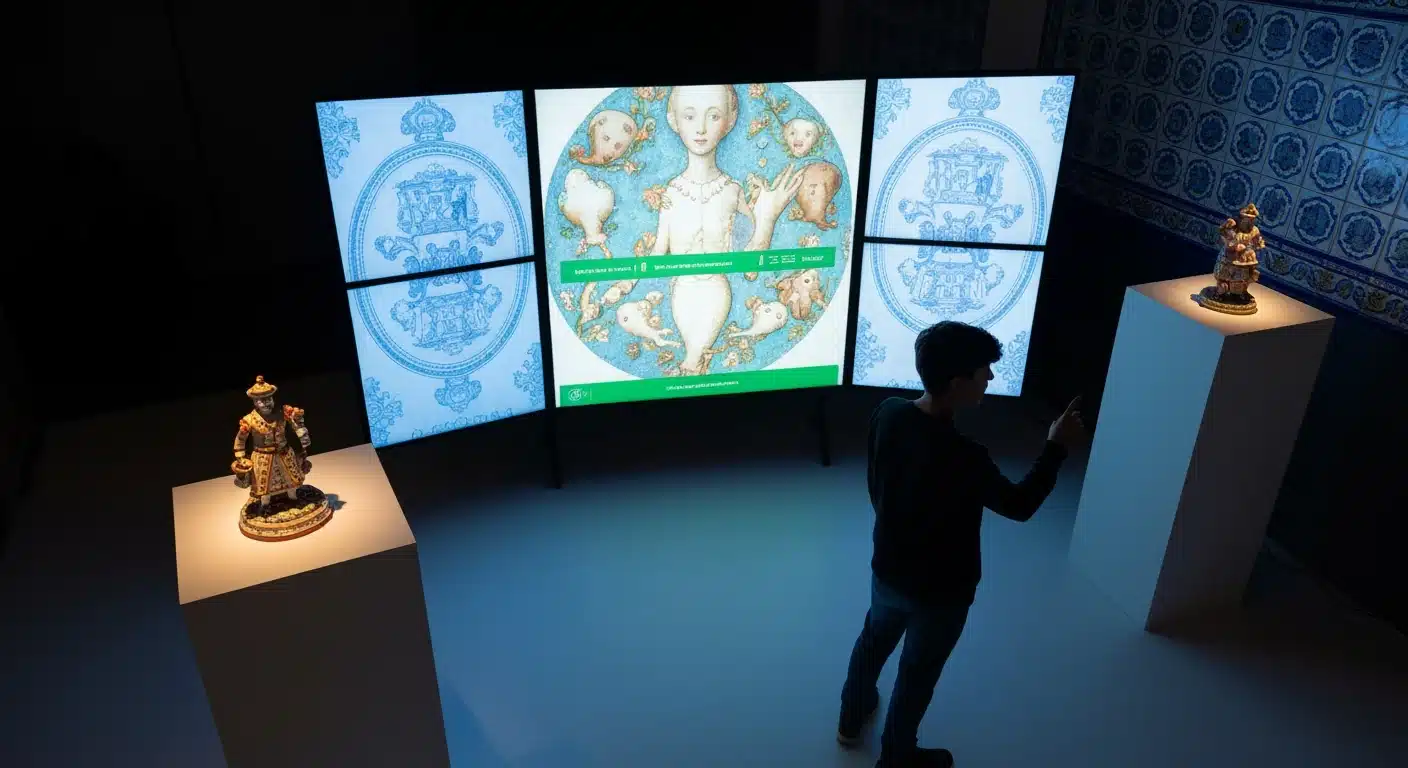 Persona en un espacio de exhibición digital observando una pantalla con detalles de arte clásico español, con elementos de cerámica tradicional en primer plano, representando la fusión de lo digital y la cultura.