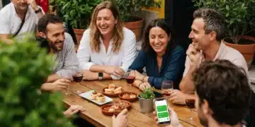 Una escena animada en un bar de tapas en Sevilla, España, con gente socializando alrededor de una mesa de madera rústica, platos de tapas y bebidas. La luz suave de la tarde ilumina la escena, con toques modernos de un smartphone en uso, fusionando tradición y tecnología.
