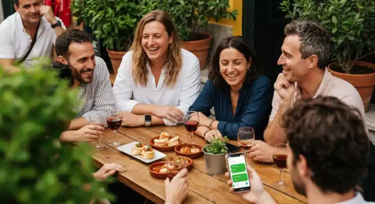 Una escena animada en un bar de tapas en Sevilla, España, con gente socializando alrededor de una mesa de madera rústica, platos de tapas y bebidas. La luz suave de la tarde ilumina la escena, con toques modernos de un smartphone en uso, fusionando tradición y tecnología.