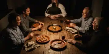 Renovando Tradiciones: La Cultura Española Ante las Tendencias Digitales Actuales Una familia española multigeneracional disfrutando de una 'sobremesa' extendida alrededor de una mesa de madera oscura, con restos de paella y platos de tapas, iluminada por una lámpara cálida y colgante, reflejando la tradición y la conexión familiar.