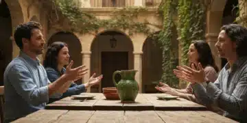 Grupo diverso de personas compartiendo una sobremesa animada en un patio de piedra antiguo, con un cántaro de cerámica verde y cuencos de terracota sobre una mesa de madera rústica, bajo una luz suave y cálida que evoca la rica historia cultural española.