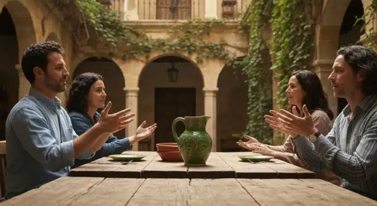 Grupo diverso de personas compartiendo una sobremesa animada en un patio de piedra antiguo, con un cántaro de cerámica verde y cuencos de terracota sobre una mesa de madera rústica, bajo una luz suave y cálida que evoca la rica historia cultural española.