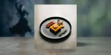 Una paella deconstruida en un plato moderno, con una silueta abstracta de bailaora de flamenco en el fondo, simbolizando la evolución de la cultura española.