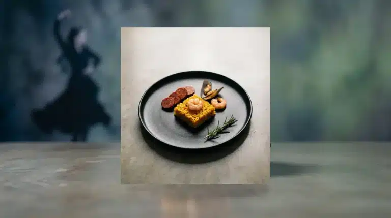 Una paella deconstruida en un plato moderno, con una silueta abstracta de bailaora de flamenco en el fondo, simbolizando la evolución de la cultura española.