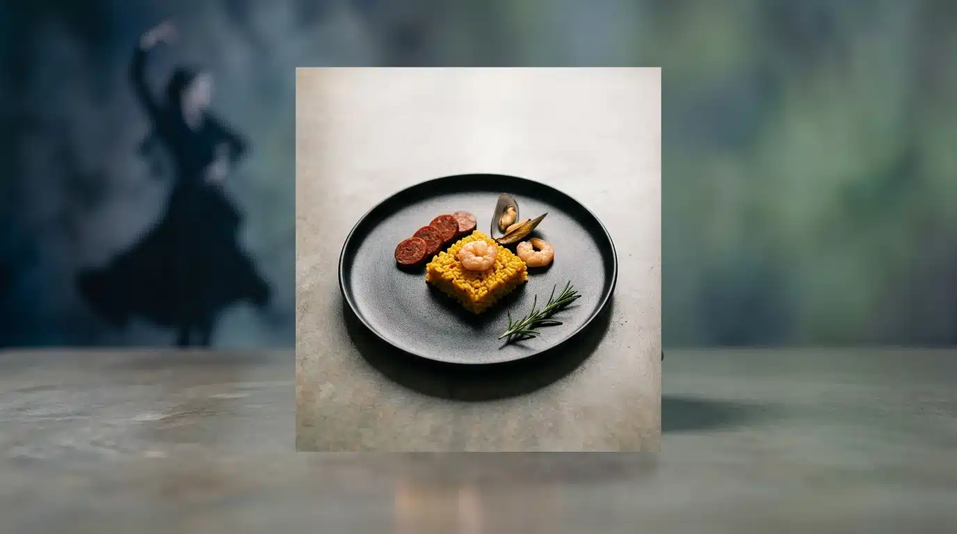 Una paella deconstruida en un plato moderno, con una silueta abstracta de bailaora de flamenco en el fondo, simbolizando la evolución de la cultura española.