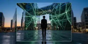 Persona observando una red de fibra óptica iluminada con tonos verdes en una ciudad española al anochecer, simbolizando la infraestructura digital.