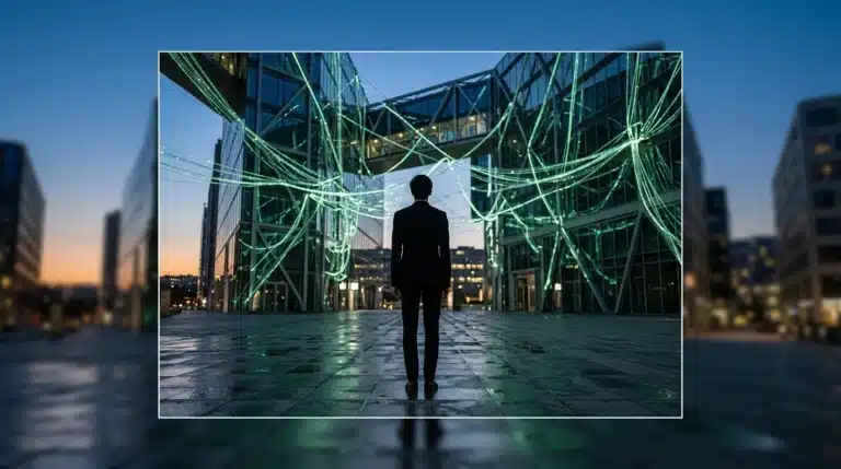 Persona observando una red de fibra óptica iluminada con tonos verdes en una ciudad española al anochecer, simbolizando la infraestructura digital.