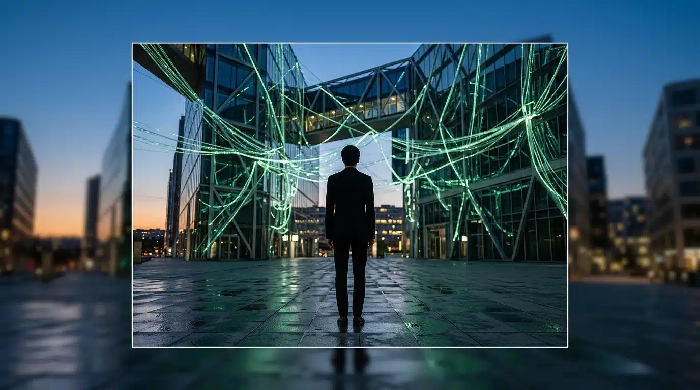 Persona observando una red de fibra óptica iluminada con tonos verdes en una ciudad española al anochecer, simbolizando la infraestructura digital.
