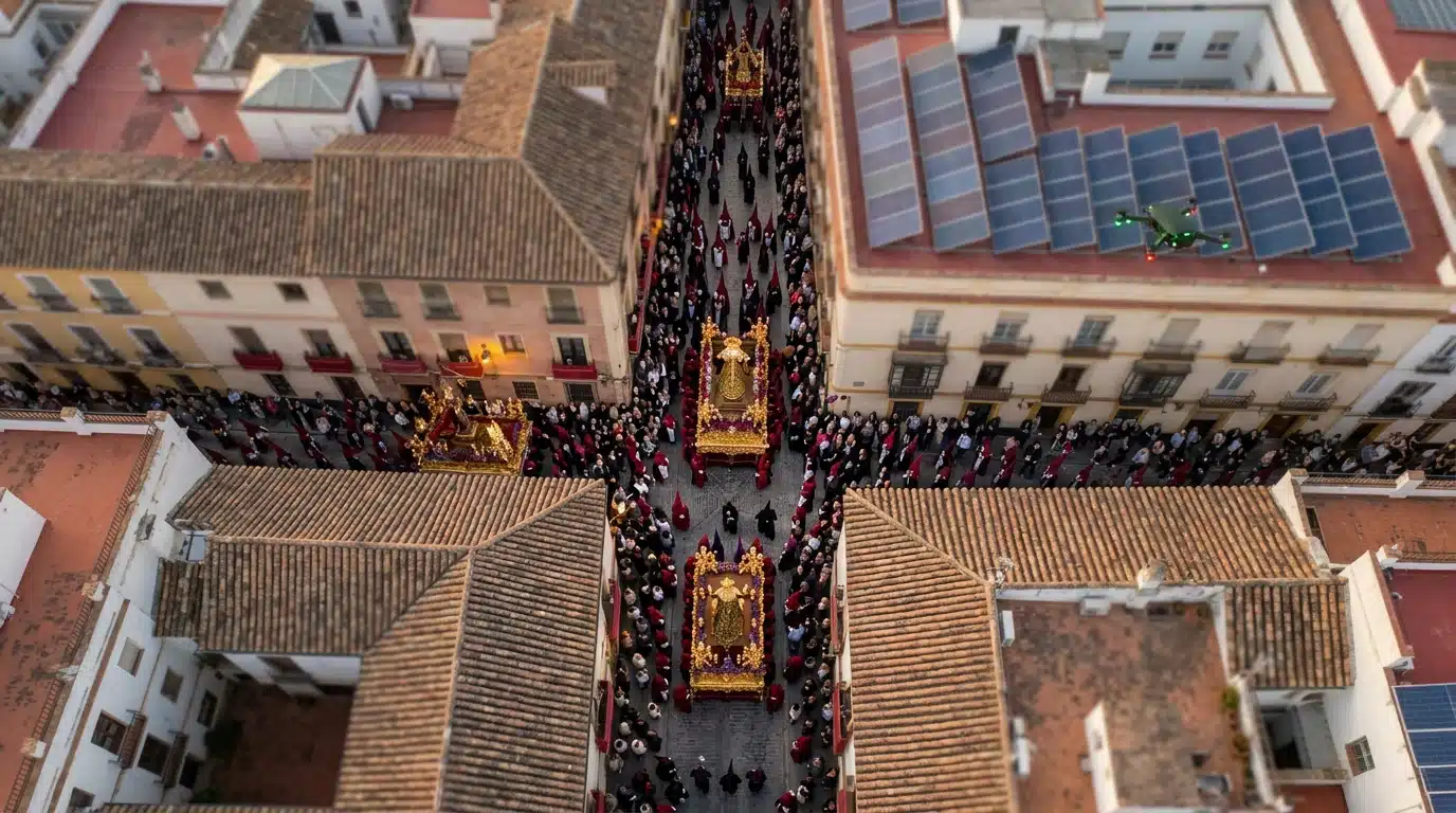 Vista aérea de una procesión de Semana Santa en Sevilla con pasos ornamentados en calles adoquinadas, contrastando con paneles solares modernos en tejados, un dron verde en el cielo, y una mezcla de luz cálida y fría.