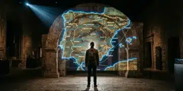 Navegando la España Digital: Herramientas y Estrategias Clave para la Vida Contemporánea Persona observando una proyección digital de un mapa histórico de España sobre un antiguo arco de piedra en un museo español, simbolizando la digitalización del patrimonio cultural.