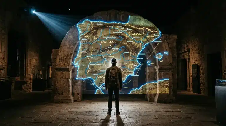 Persona observando una proyección digital de un mapa histórico de España sobre un antiguo arco de piedra en un museo español, simbolizando la digitalización del patrimonio cultural.