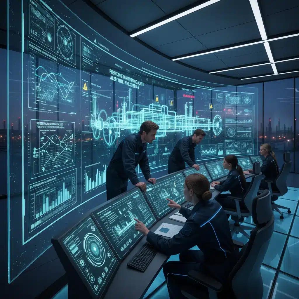 Equipo de ingenieros y técnicos analizando datos en tiempo real de un gemelo digital en una sala de control moderna.