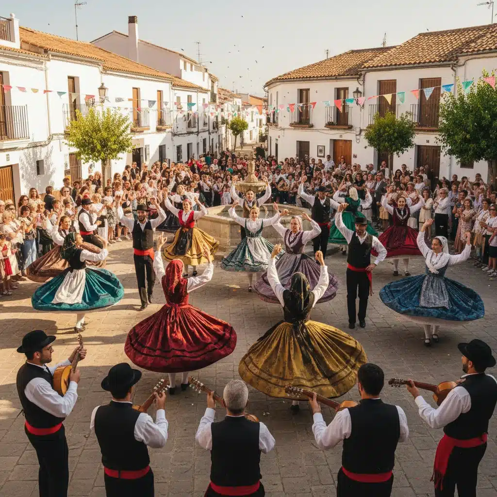 Grupo de bailarines de jota con trajes regionales en una plaza, celebrando la música tradicional española.