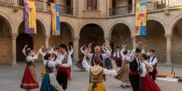 Jóvenes aprendiendo danzas tradicionales españolas, símbolo de la preservación del patrimonio inmaterial.