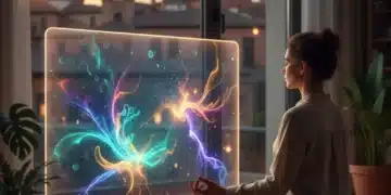 Persona meditando frente a una pantalla digital, simbolizando el equilibrio entre tecnología y bienestar emocional.