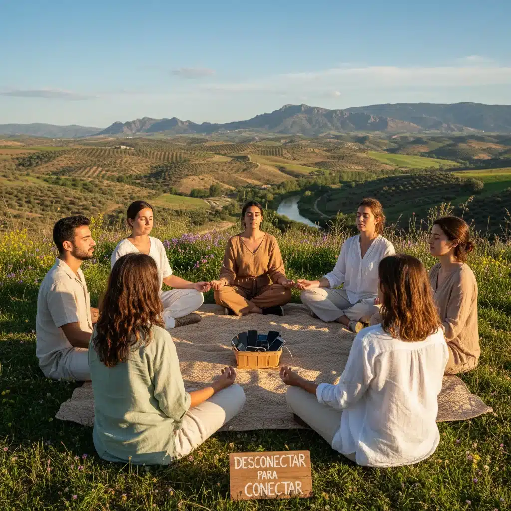 Jóvenes practicando mindfulness al aire libre, desconectando de dispositivos digitales en un entorno natural español.