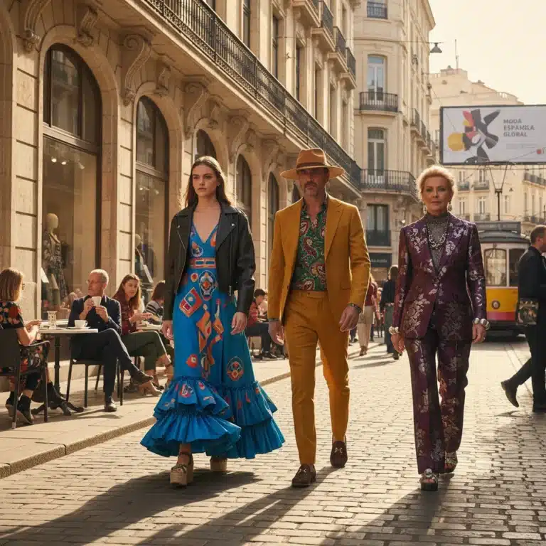 Modelos luciendo la última moda española en una calle europea, reflejando las tendencias globales de 2026.